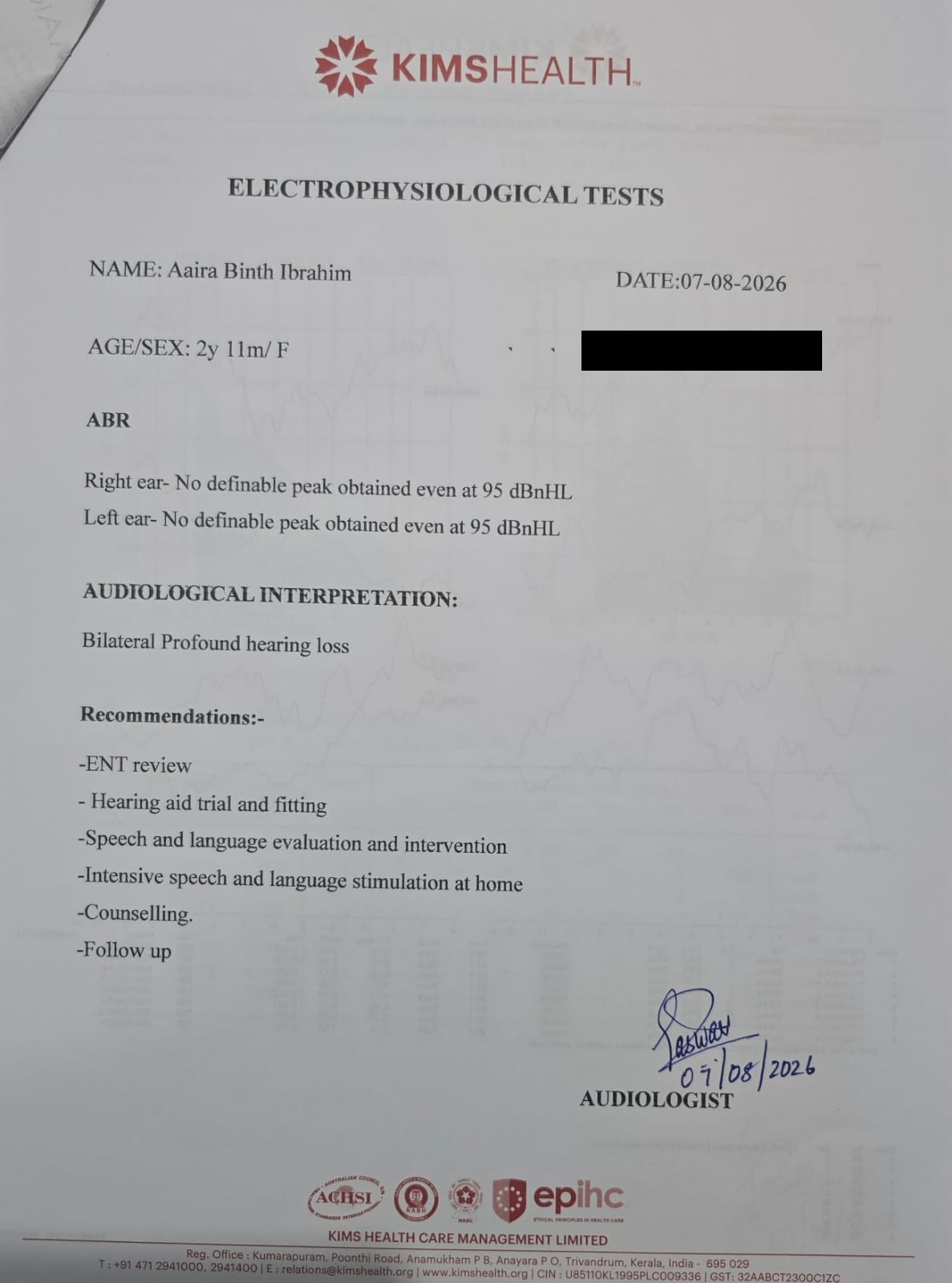 Electrophysiological test report showing bilateral profound hearing loss diagnosis and recommendations
